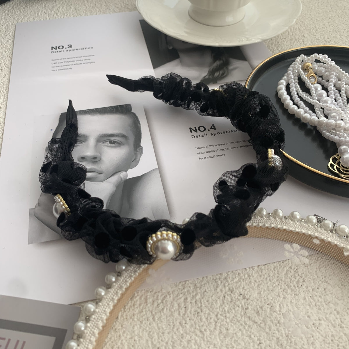 Black Rhinestone Hair Hoop - Exaggerated Wooden Ear Headdress for Hair Styling