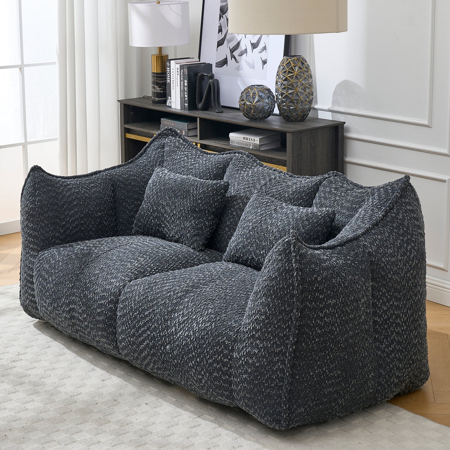 Comfortable Square Beanbag Chair for Two - Black Chenille