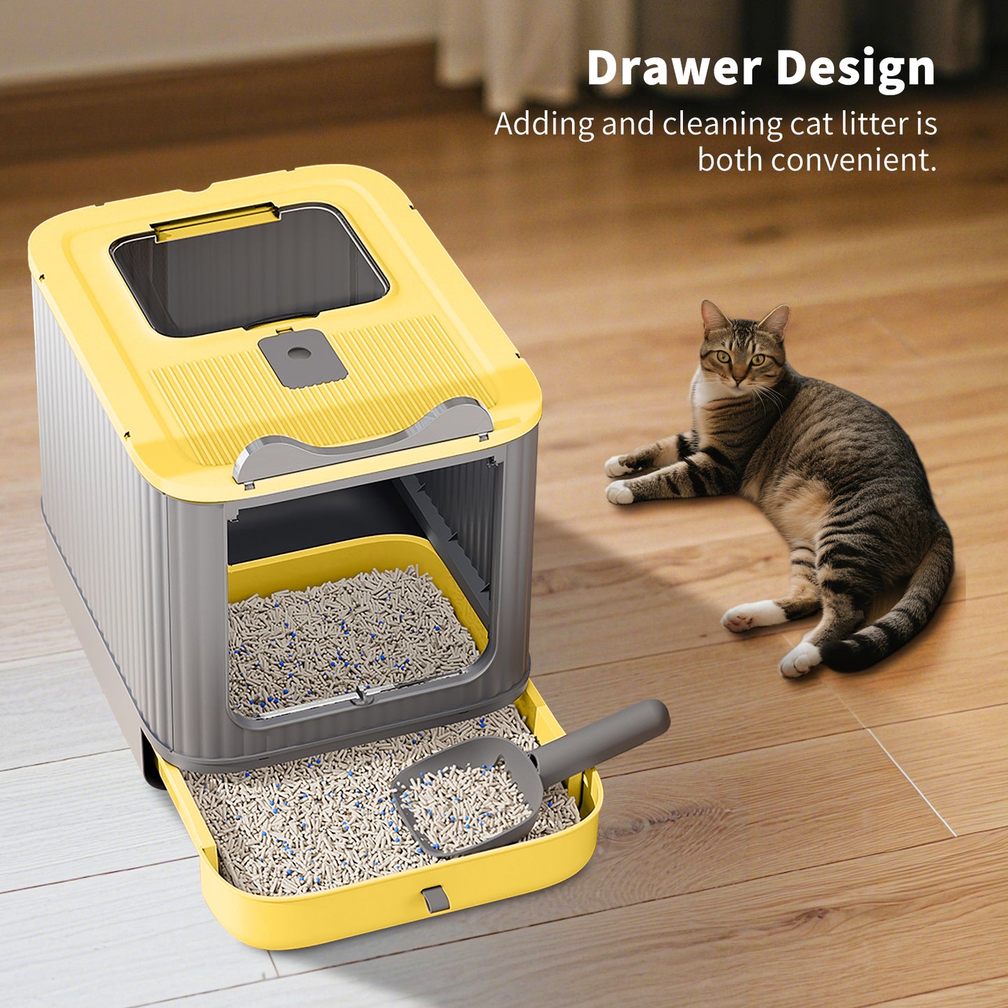 Self Pickup Cat Litter Box in Yellow - Pet Furniture for Cats