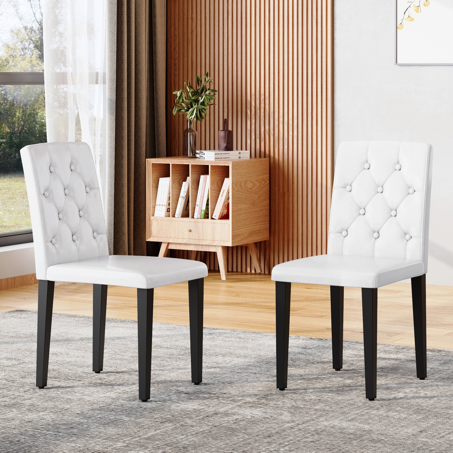 2-pack White PU Dining Chairs Ergonomic Buckle Backrest, 35 Inches