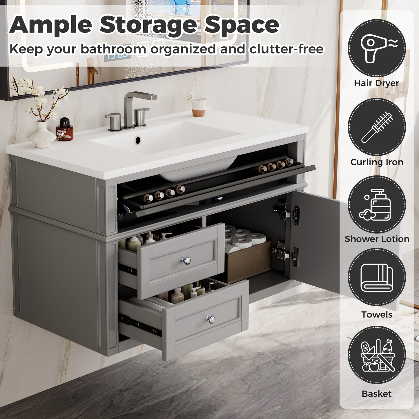 36-Inch Wall-Mounted Bathroom Vanity with Ceramic Sink & Drawers - Gray