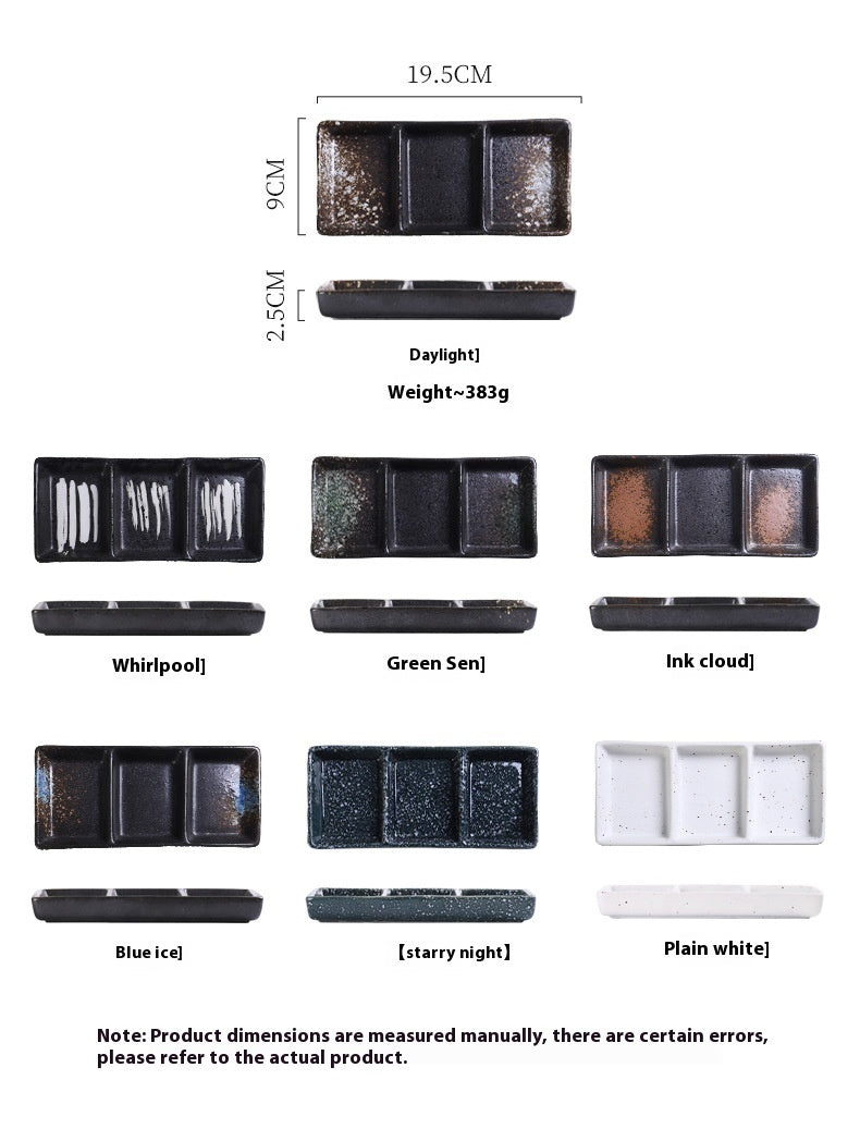Rectangular Ceramic Sauce Dish with Three Grid Sections - Japanese Style Kitchenware