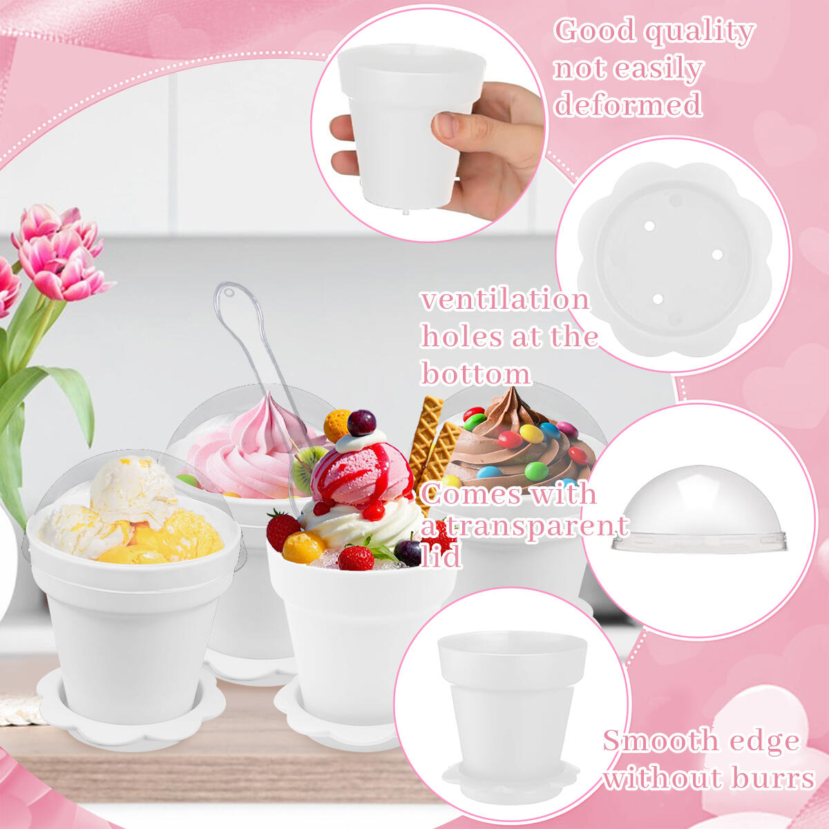 40 Pcs White Flowerpot Dessert Cups with Lids & Spoons