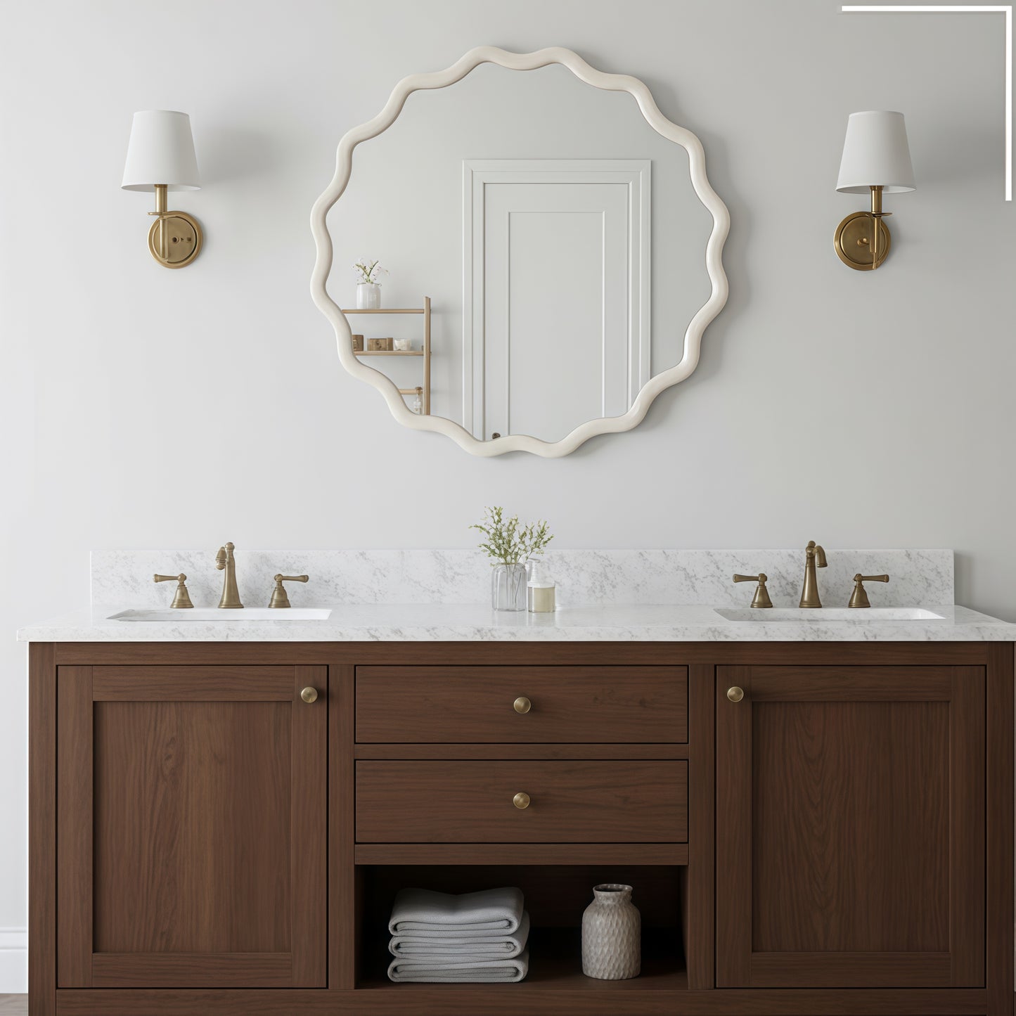 30-Inch White Wavy Round Solid Wood Frame Decorative Mirror
