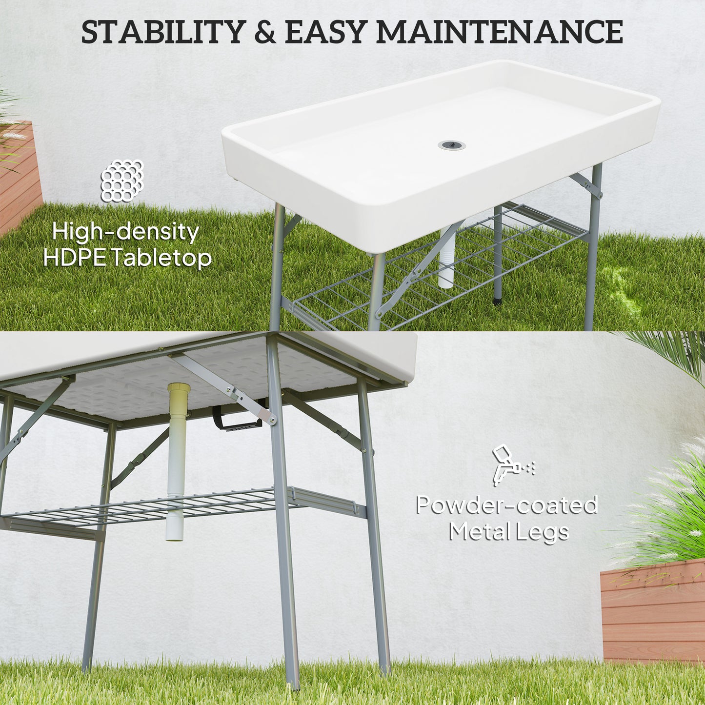 Folding Ice Cooler Table with Drain & Storage Shelf - White
