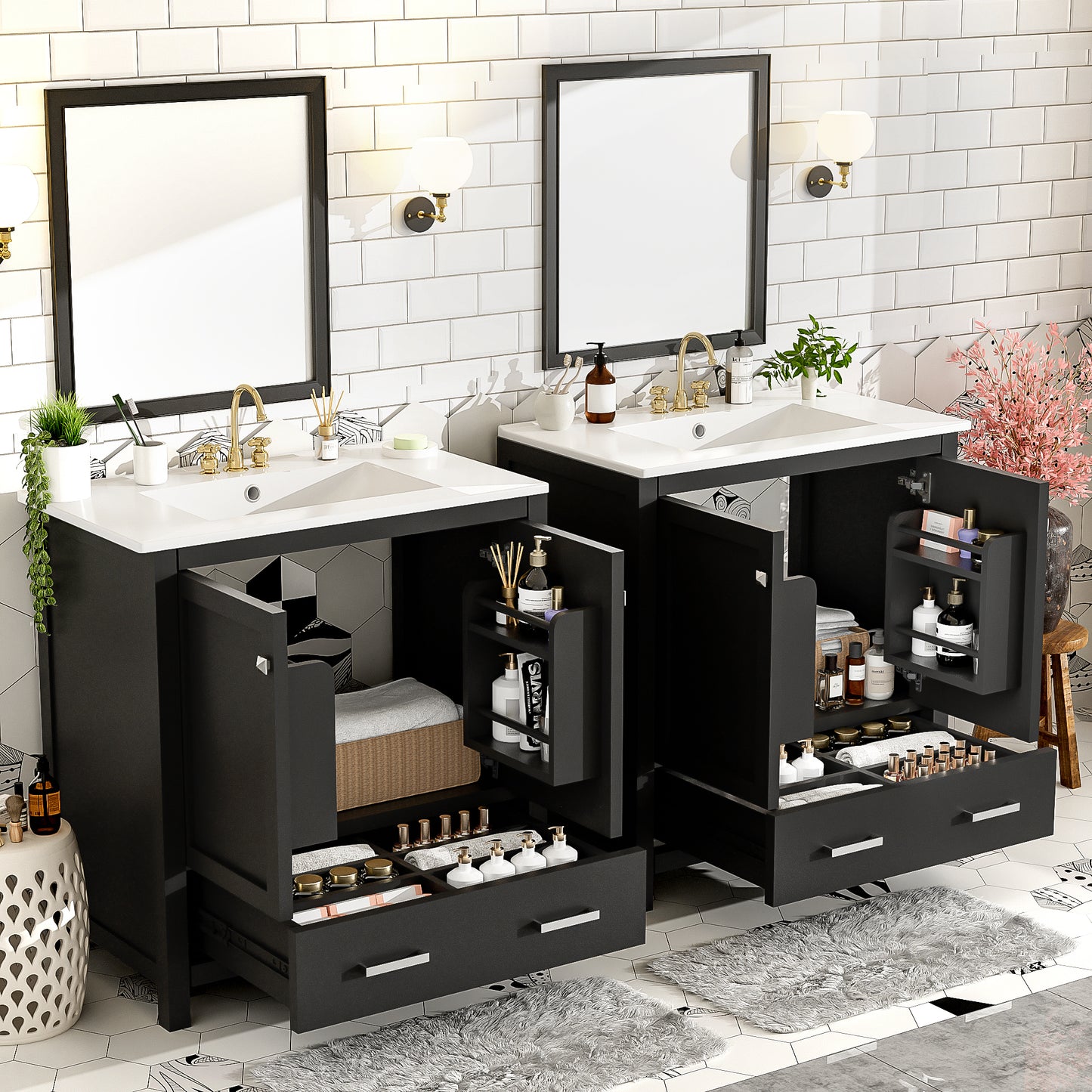 60" Black Bathroom Vanity Set with Double Ceramic Sinks
