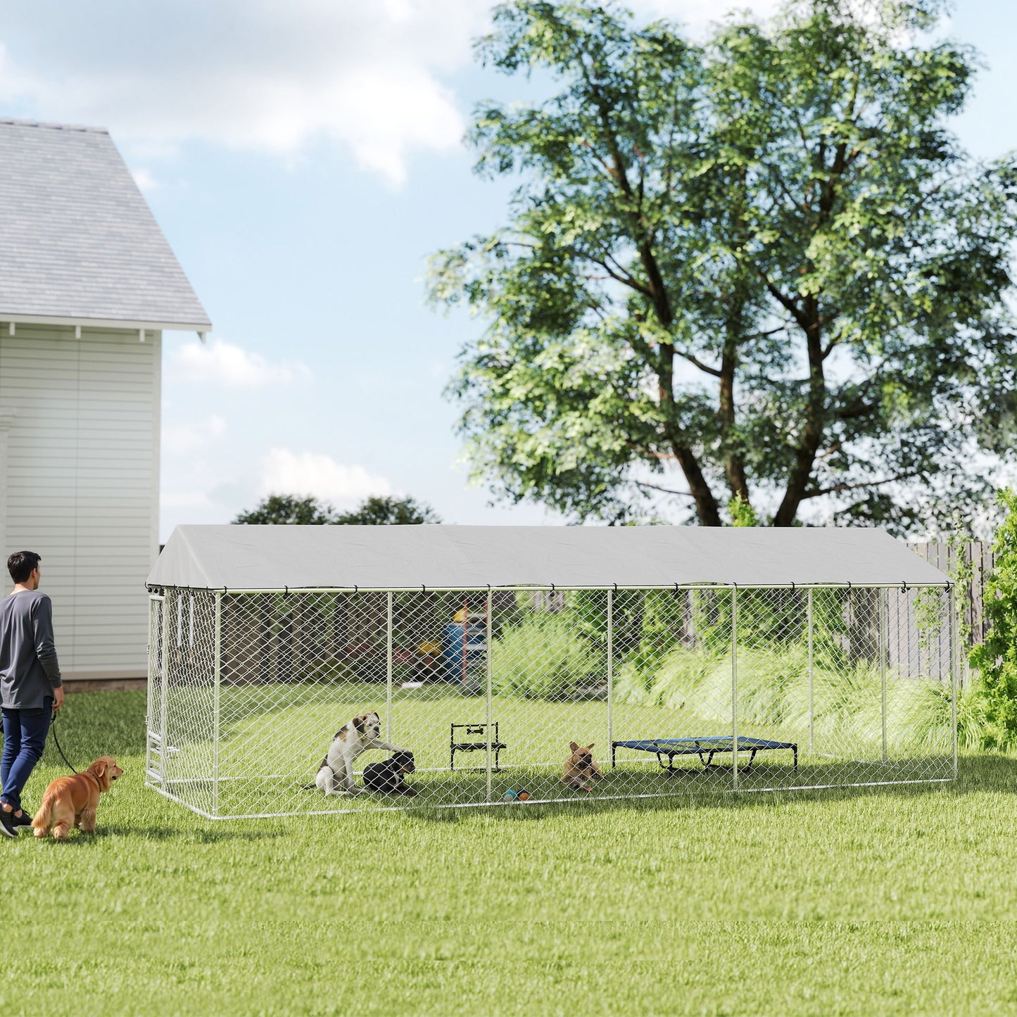 Outdoor Dog Kennel with Waterproof Cover & Lockable Door, 20x7.5x6.5ft