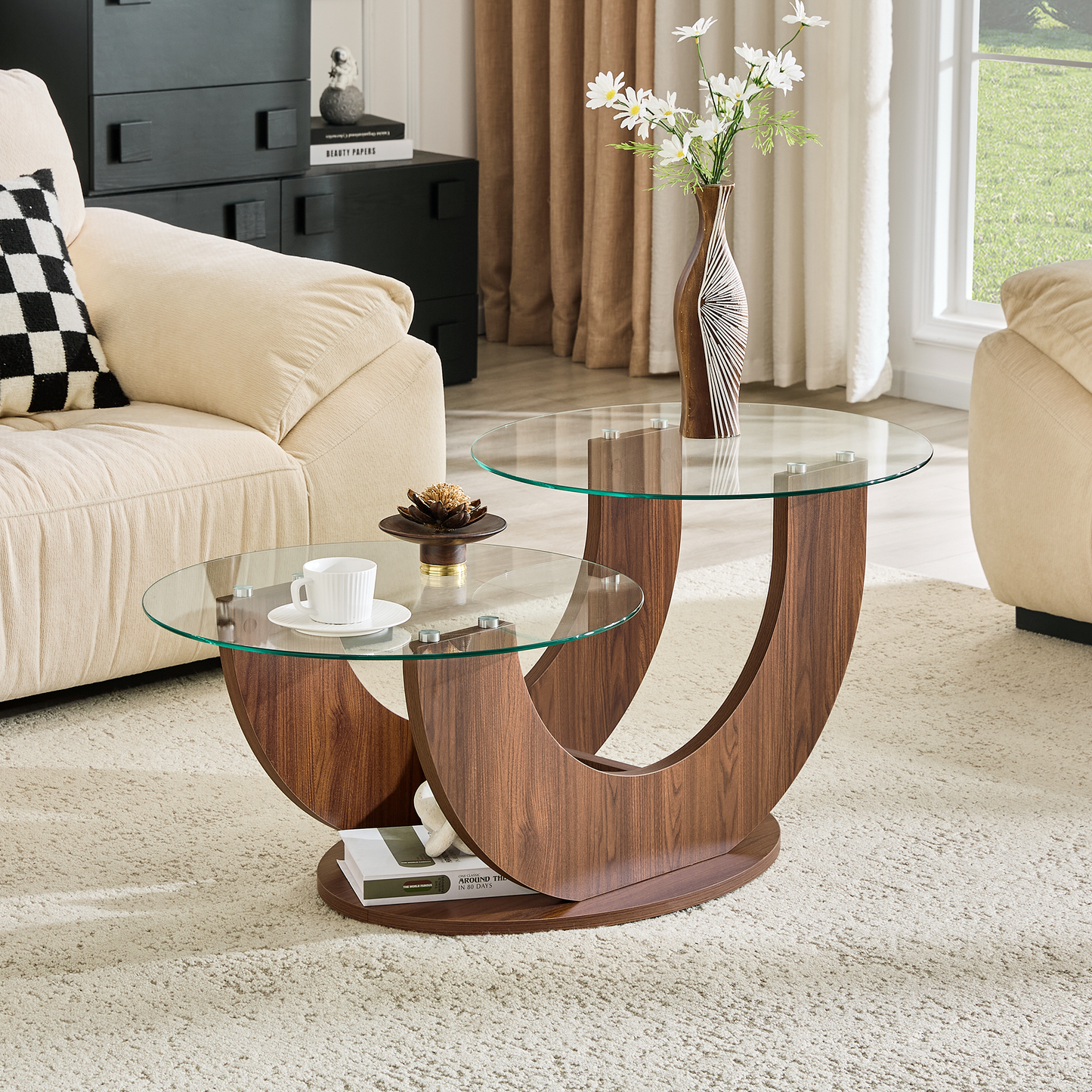 U-Shaped Double-Tier Glass Coffee Table with Walnut MDF Base