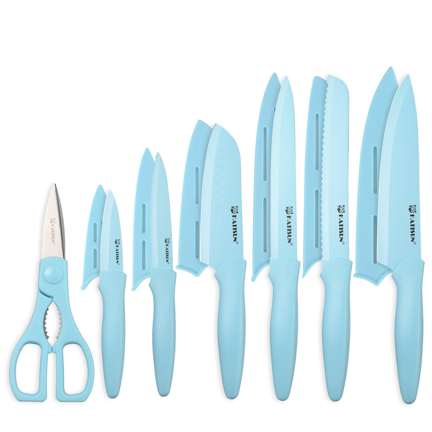 13-Piece Blue Kitchen Knife Set with Blade Covers & Scissors