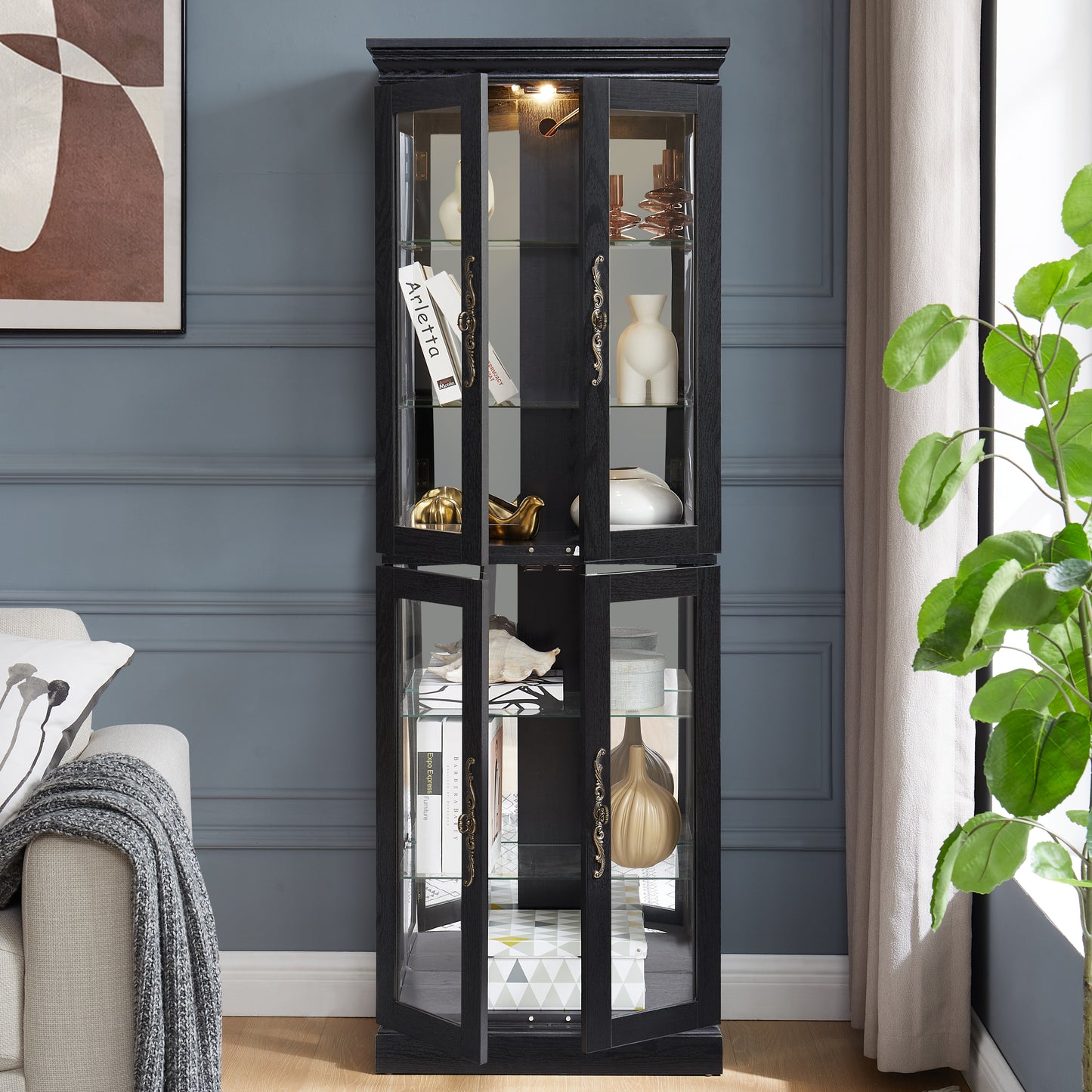 Elegant Lighted Glass Curio Display Cabinet - Wooden Frame Storage