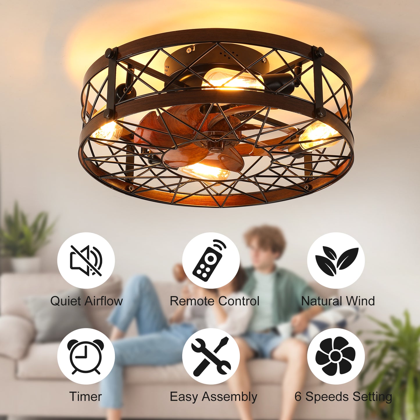 20-Inch Black Caged Ceiling Fan with Light Fixture - Farmhouse Style