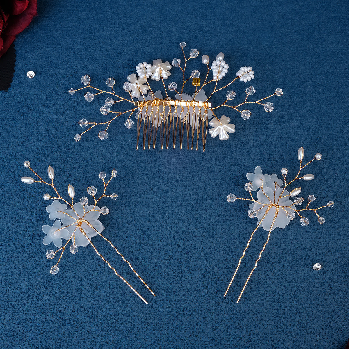 Gold Flower Bridal Hair Comb Set - Camellia