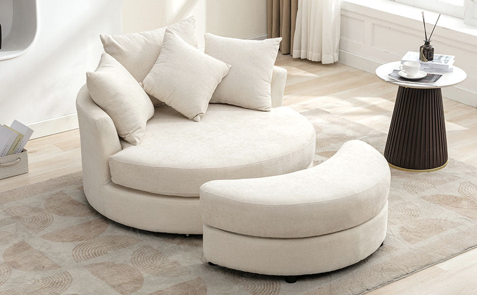 360° Swivel Accent Barrel Chair with Storage Ottoman & 4 Pillows - Cream