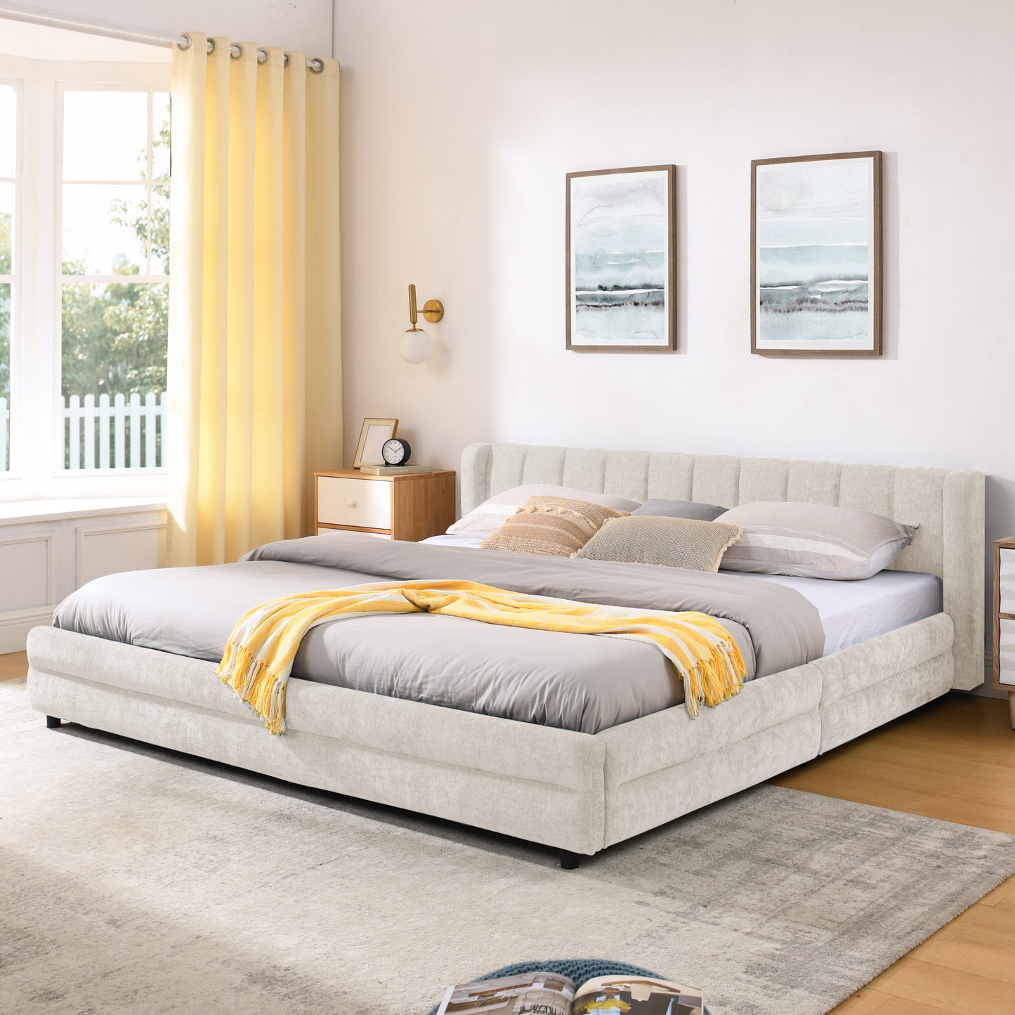 King Size Upholstered Bed Frame with Storage Drawer - Beige