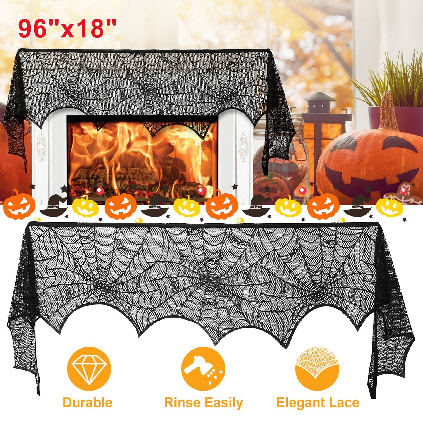 Halloween Black Lace Spiderweb Mantle Scarf - 96 x 18 Inch