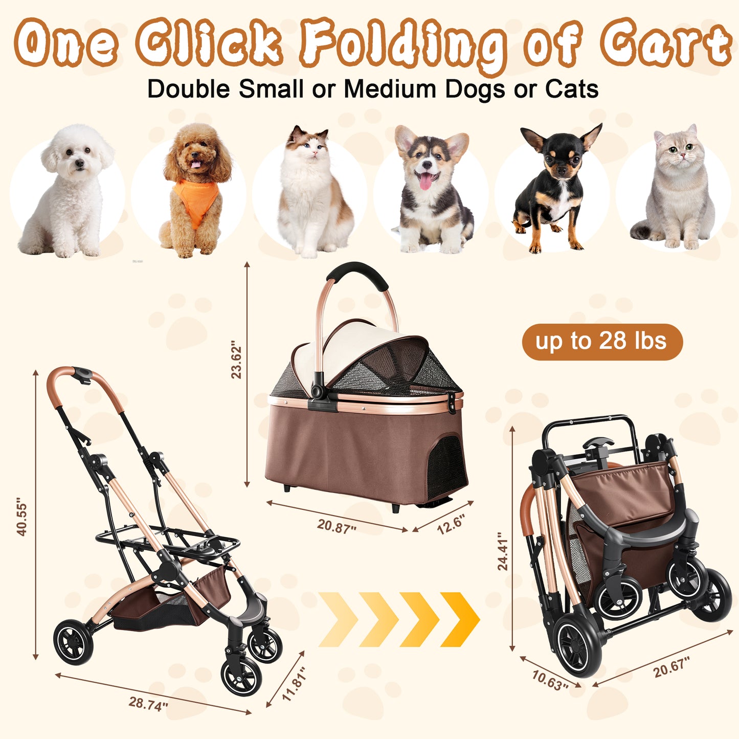 Pet Stroller for Dogs Cats 2-in-1 Foldable Sun Canopy Travel Carrier Khaki