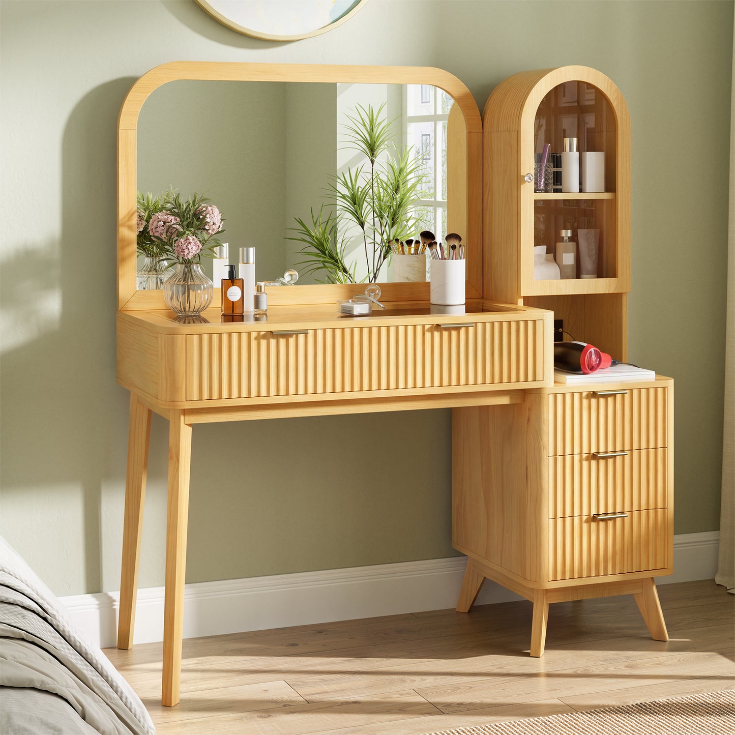 48 Fluted Makeup Vanity Desk With Large 32 Mirror, Modern Glass Top