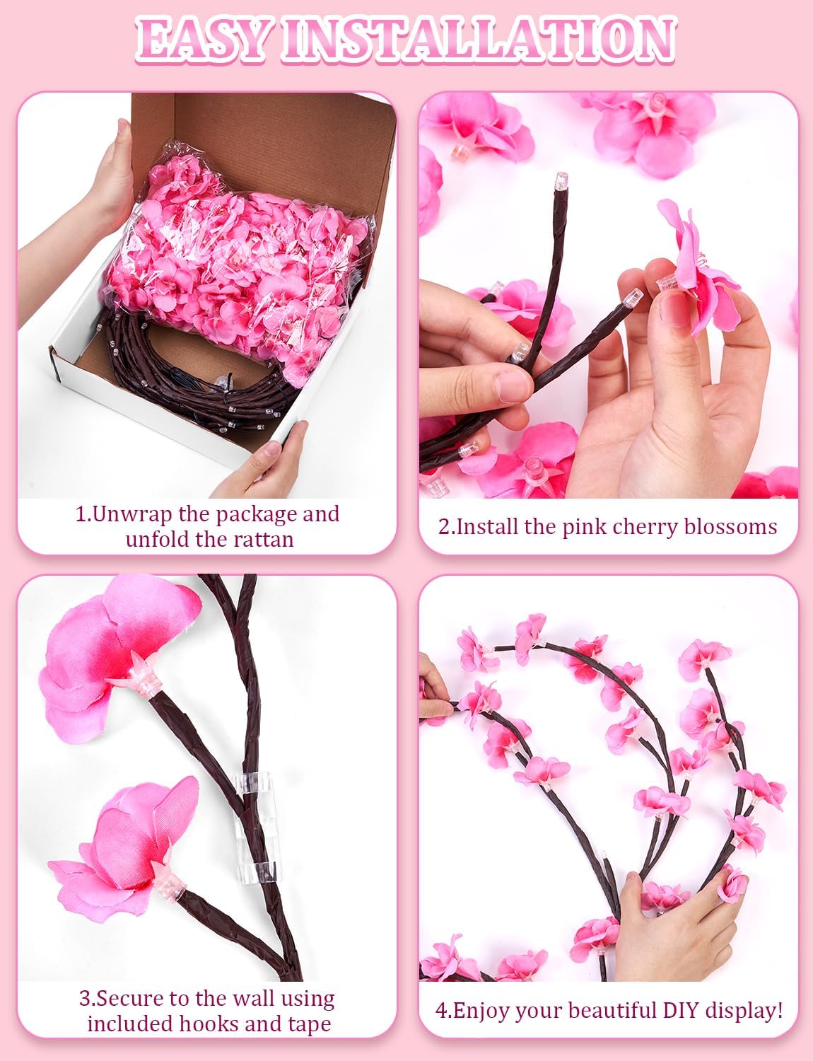 Cherry Blossom LED Tree Branch Wall Lights - 144 LED, 8 Modes, USB Powered, Indoor Decor