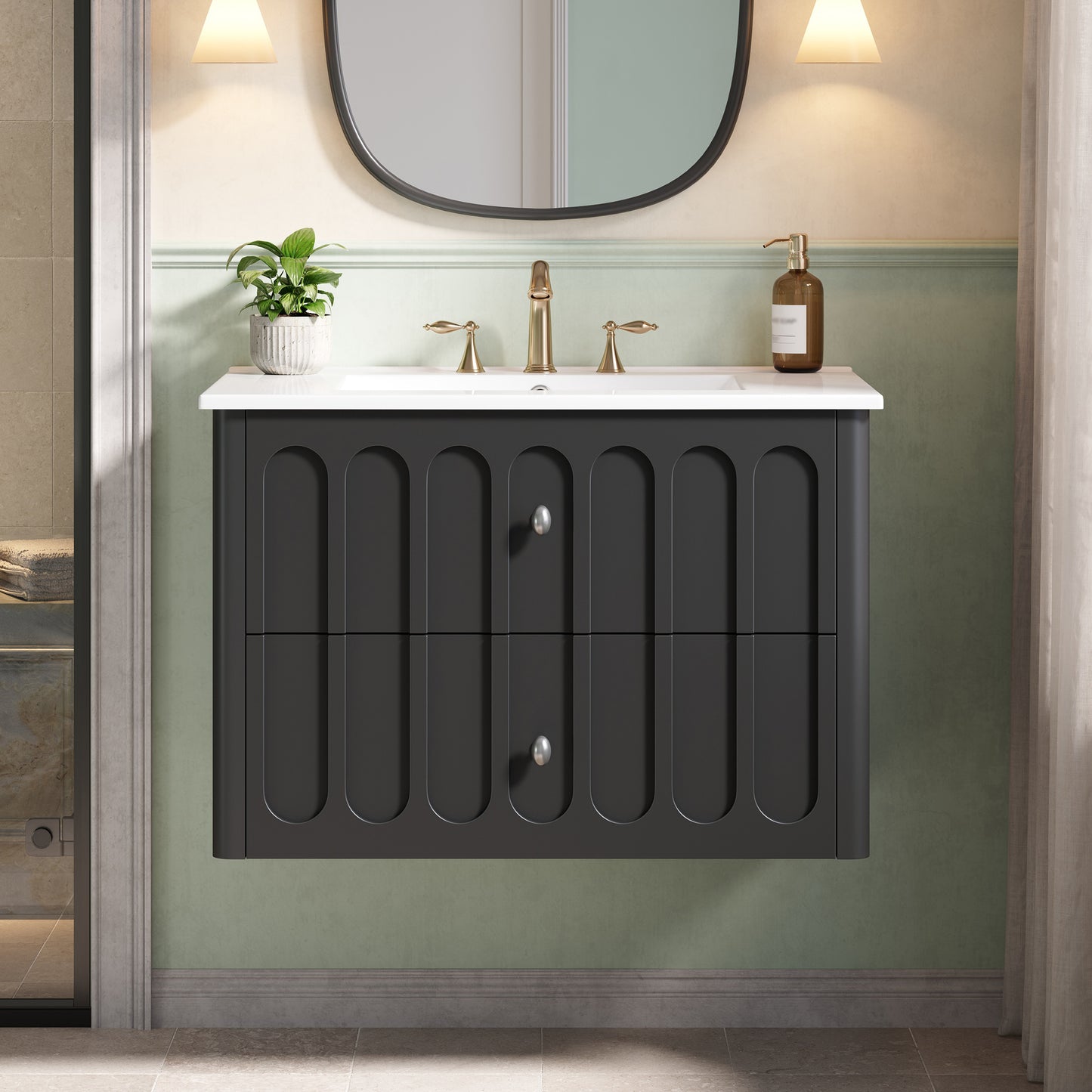 30 Modern Floating Bathroom Vanity With Oval Knobs & Round Edge,
