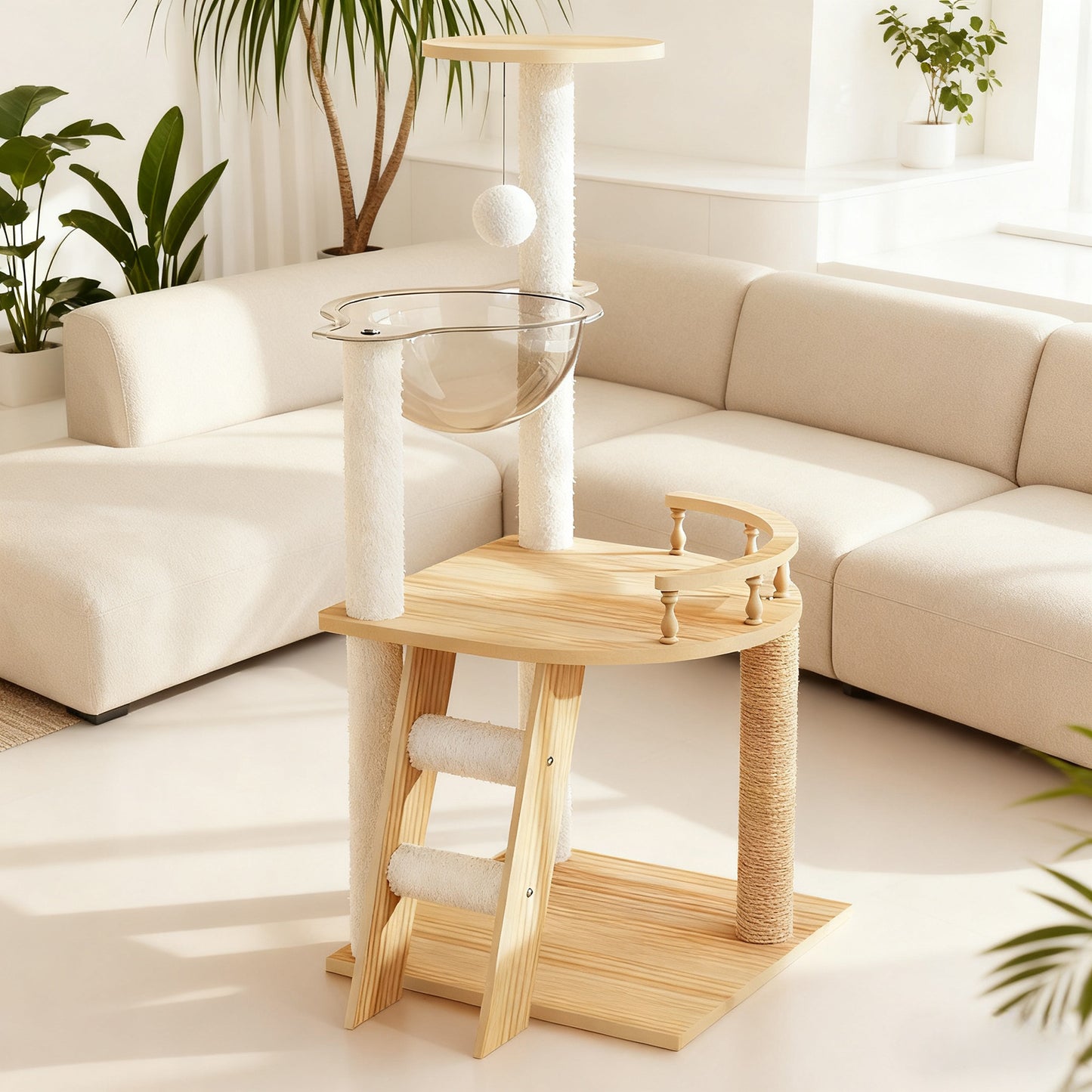 Modern Wooden Cat Tower with Sisal Posts & Top Perch - 41.3 Inches