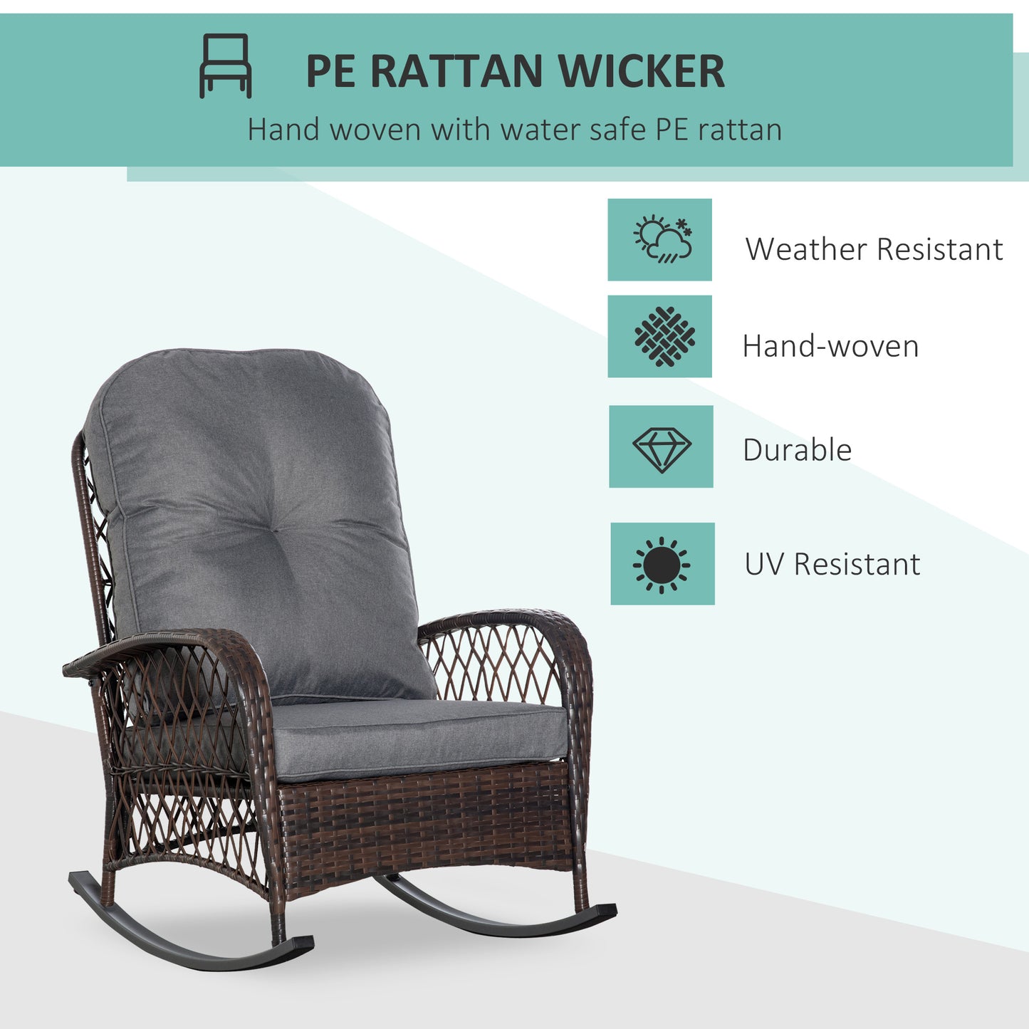 Rattan Porch Rocker with Plush Cushion - Light Gray