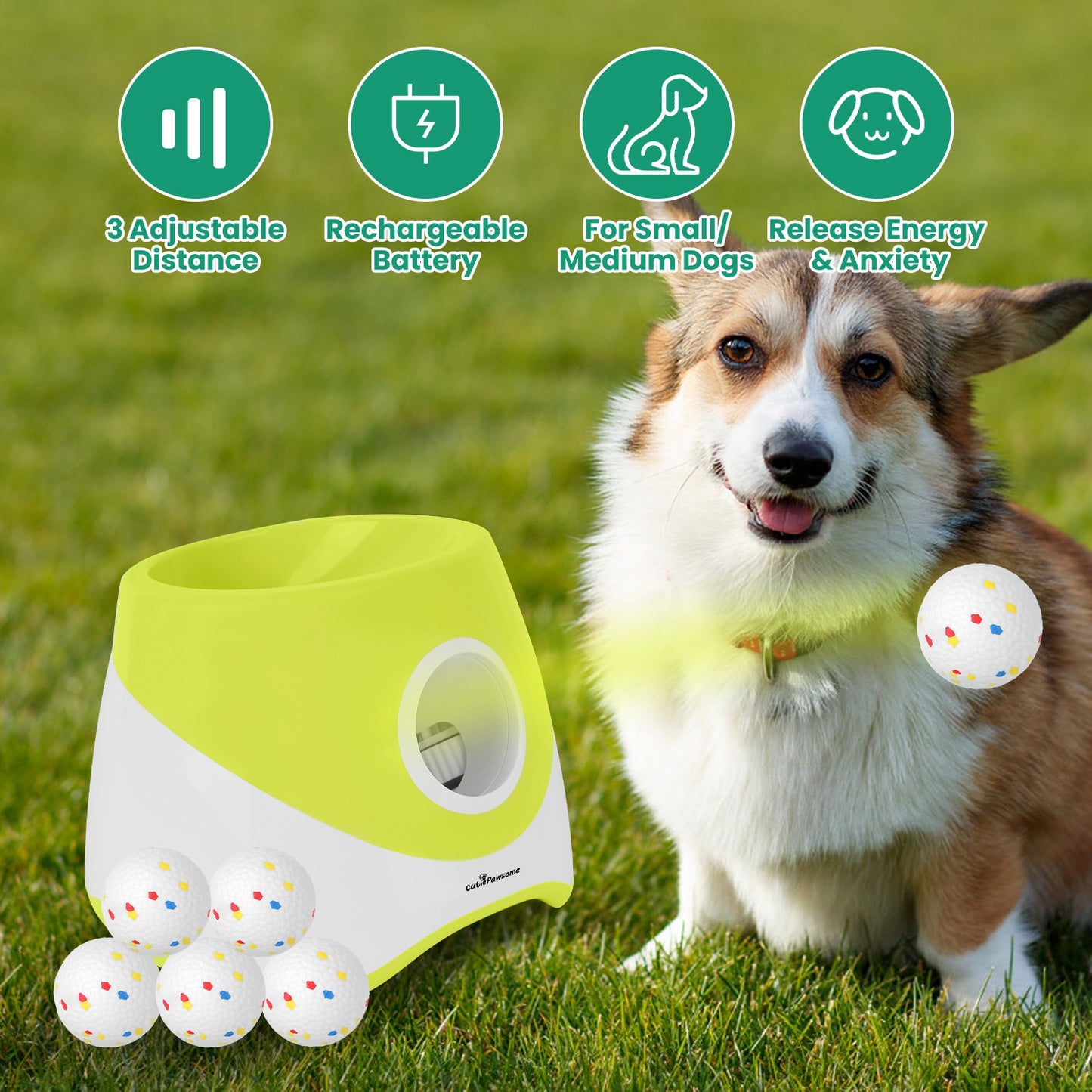 Automatic Dog Ball Launcher with Rechargeable Battery and Adjustable Distance - 6pcs 2.3in Balls
