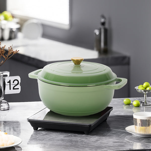 6QT Cast Iron Enameled Pot with Silicone Gloves - Gradient Green