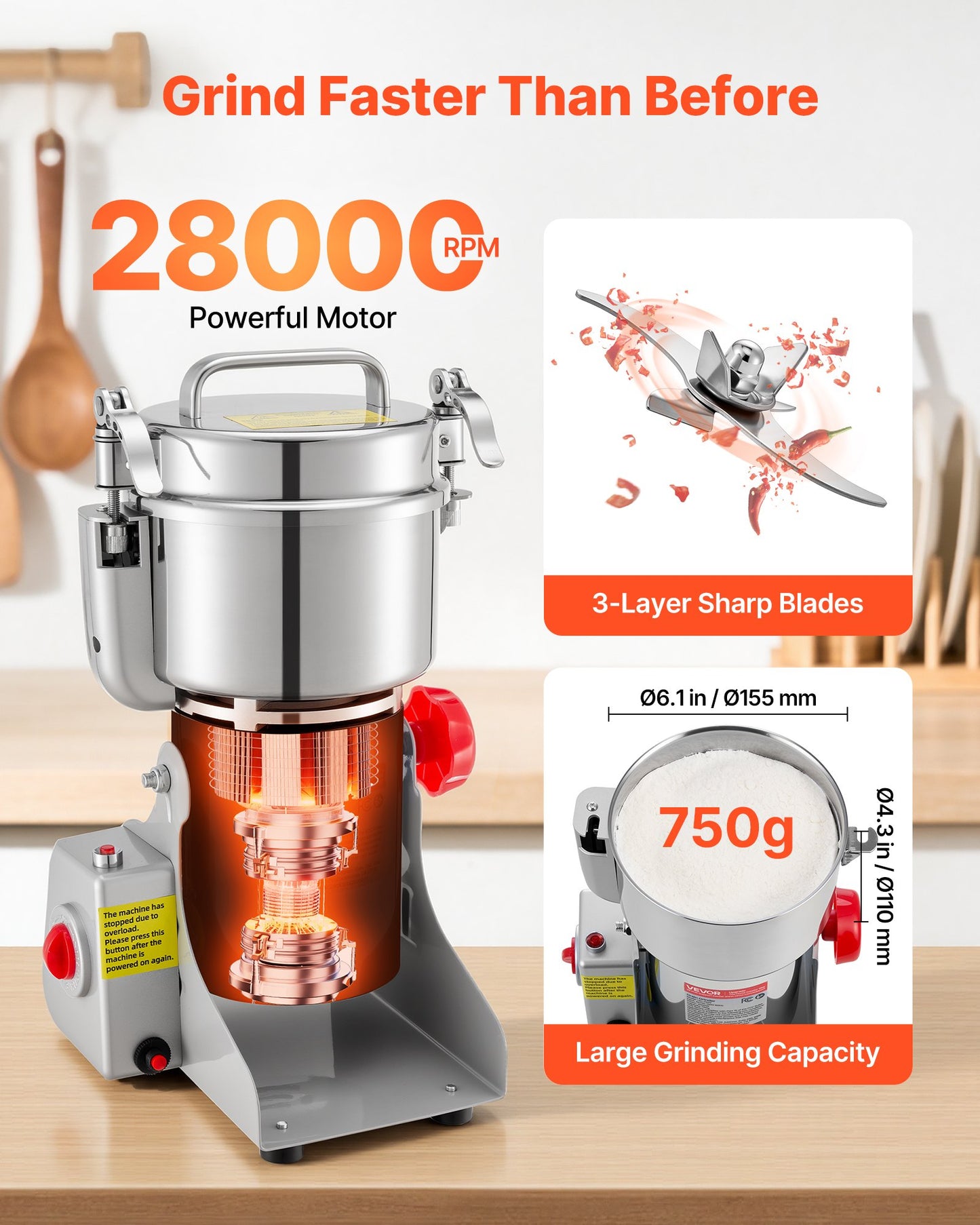 Electric Grain Mill Grinder 2000W 28000RPM Spice & Nut Dry Grinding Machine