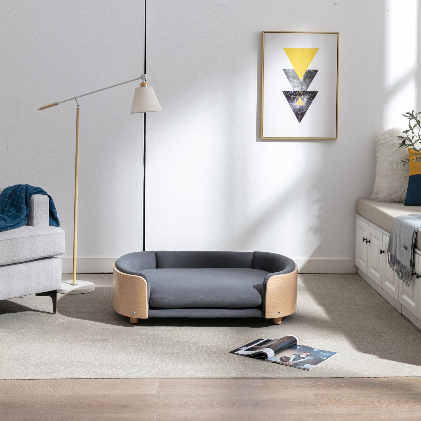 Large Scandinavian Style Elevated Dog Bed with Velvet Cushion and Solid Wood Legs