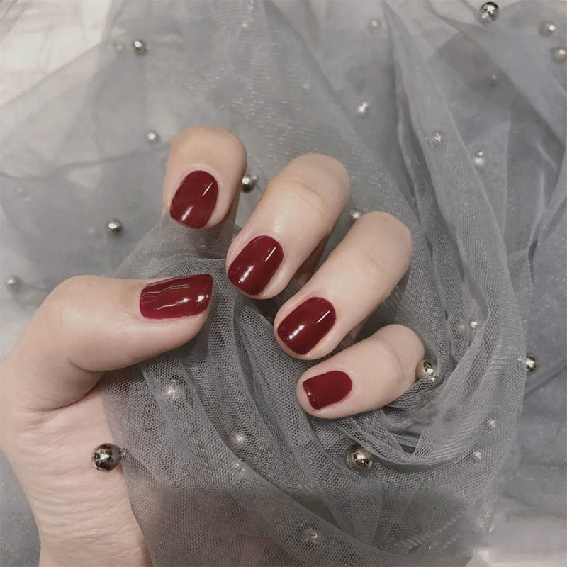Fake Nail Stickers Set - Short Square Rose Red Sequin Nail Art for Parties & Daily Wear