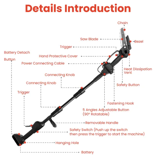 3-in-1 Cordless Garden Pole Saw Mini Chainsaw & Grass Trimmer Kit, Adjustable Length