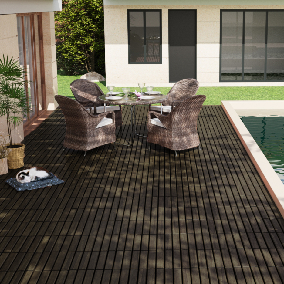 Interlocking Deck Tiles 12x12 Inch Dark Brown Acacia Hardwood Outdoor Flooring - Waterproof & Mold Resistant