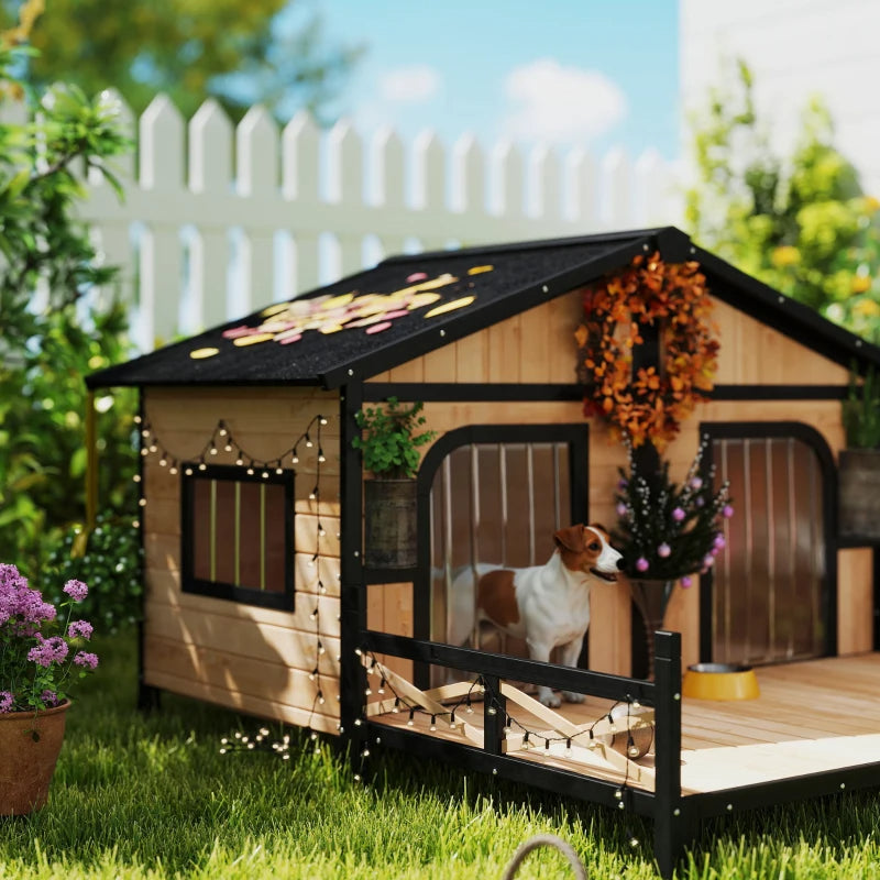 Outdoor Wooden Dog House with Porch & Weatherproof Roof - Small to Medium Dogs