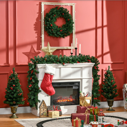 Prelit Christmas Decoration Set - Wreath, Garland & 2 Trees with LED Lights