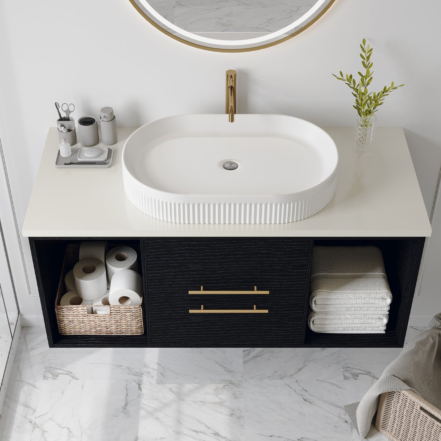 39.4-Inch Wall-Mounted Bathroom Vanity with Oval Sink - Black, Gold, White