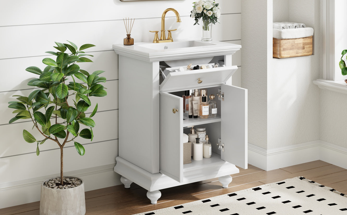 24" Modern Bathroom Vanity with Tip-Out Drawer - White