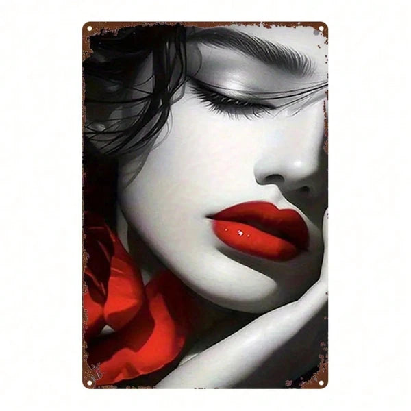 Red Lips Rose Metal Sign - Vintage Tin Wall Art 8x12 Inch
