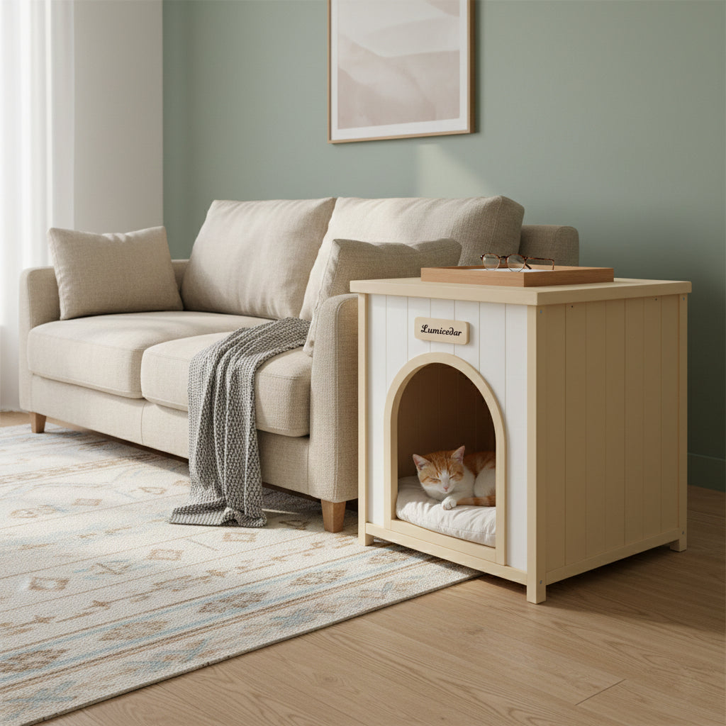 Indoor Wooden Dog House with Removable Cushion - Small Pet Shelter, Scandinavian Design
