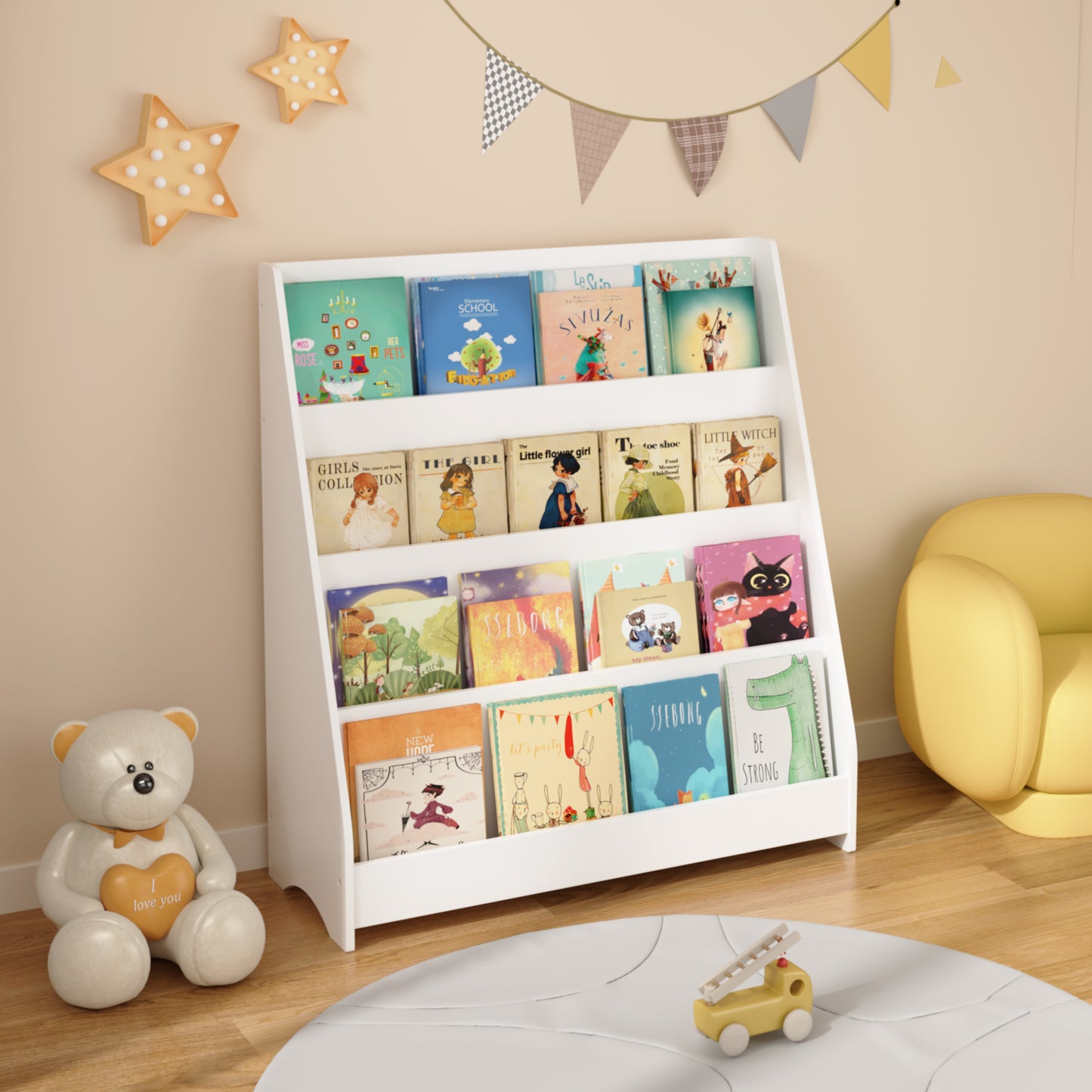 4-Tier Kids Bookshelf - White MDF Book Display Organizer