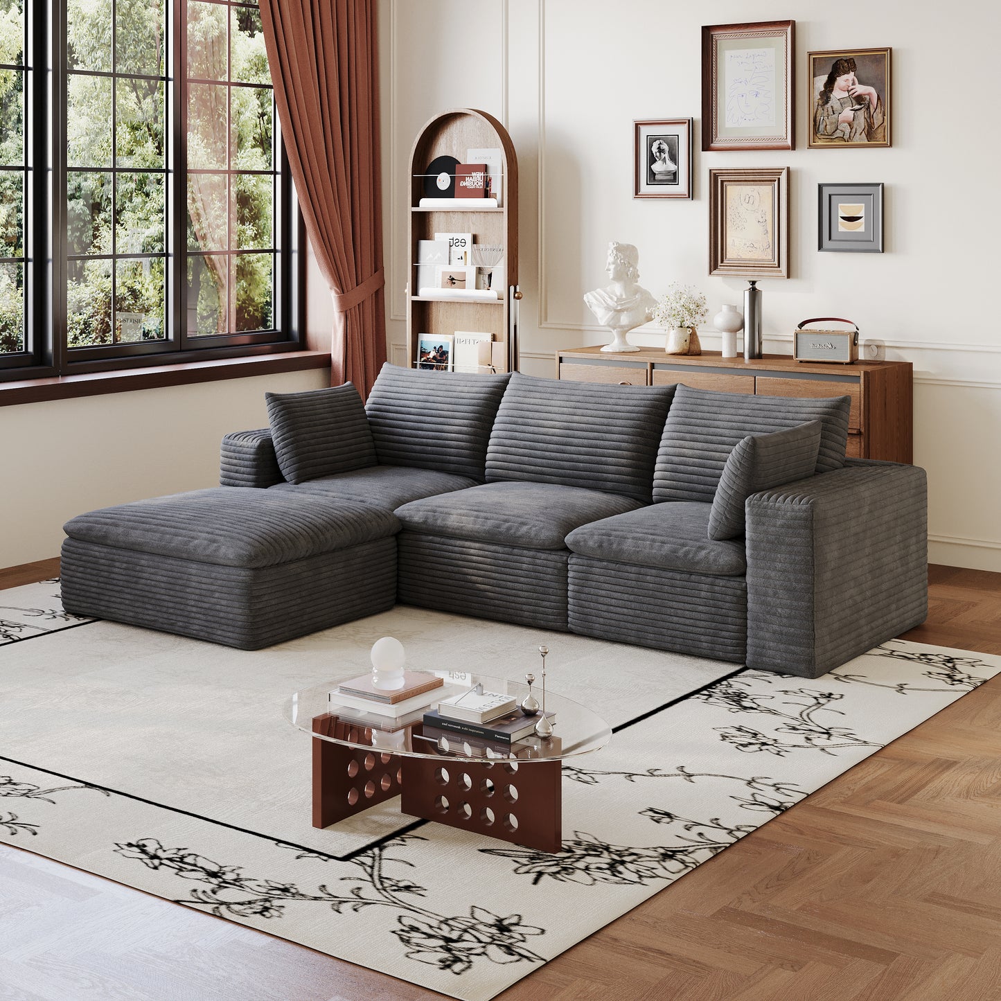 102" Cloud Sofa - Deep Seat Corduroy Fabric, Removable Cushion, Dark Grey