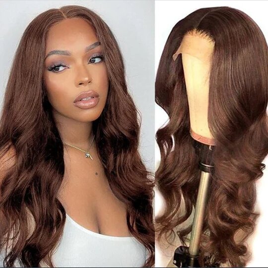 Chocolate Brown Body Wave Human Hair 4x4 Lace Closure Wig - 150% Density