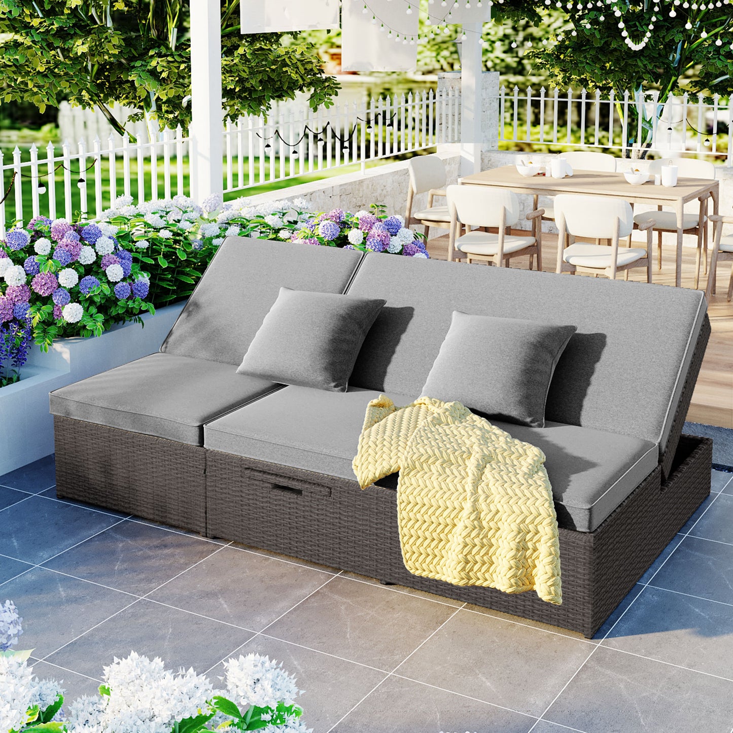 Outdoor Double Sunbed - Wicker Rattan Reclining Chairs for 2, Gray