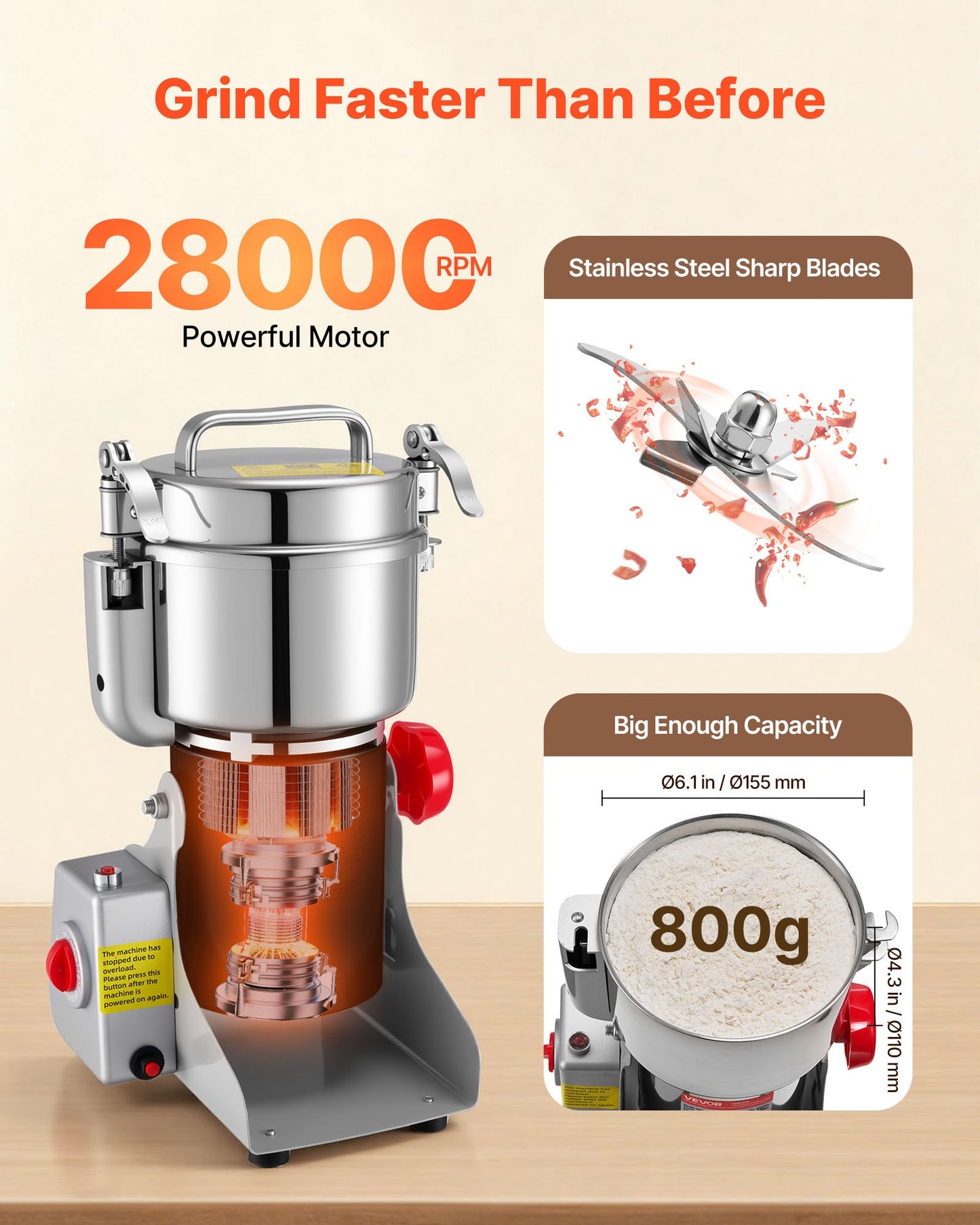 Electric Grain Mill Grinder 2100W Stainless Steel Spice & Grain Pulverizer Black