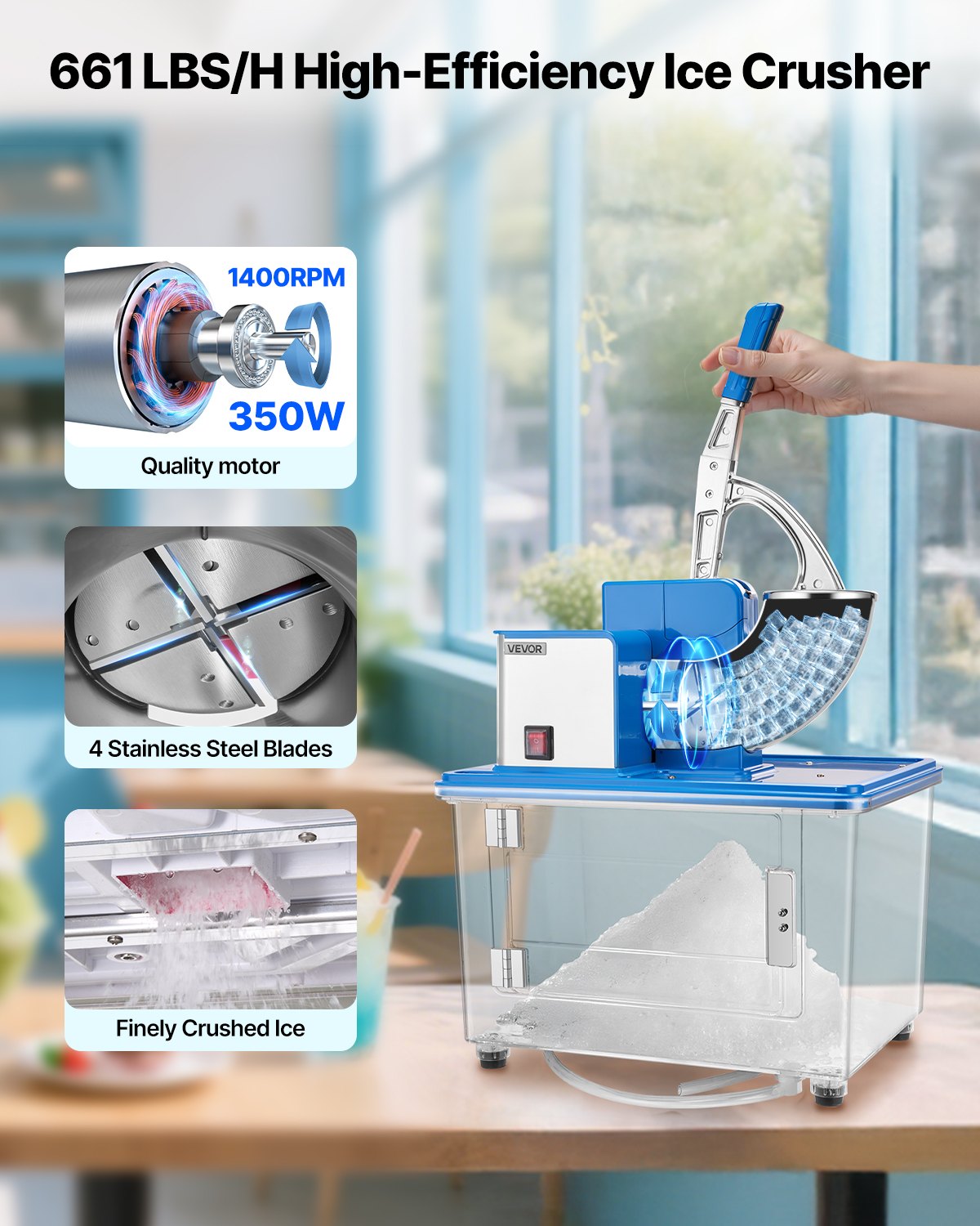Electric Snow Cone Maker with 661LBS/H Ice Crusher Blue - Commercial Kitchen Appliance