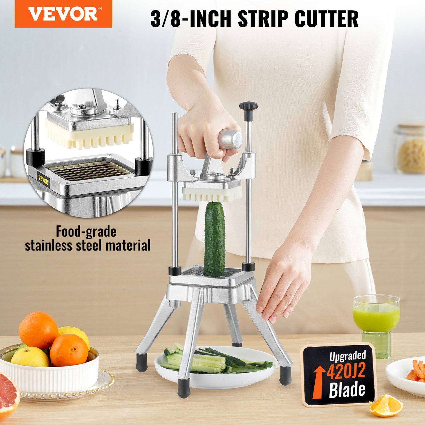 Heavy Duty Commercial Vegetable & Fruit Chopper with 3/8" Blade - Stainless Steel Food Dicer, Onion & French Fry Cutter - Metallic