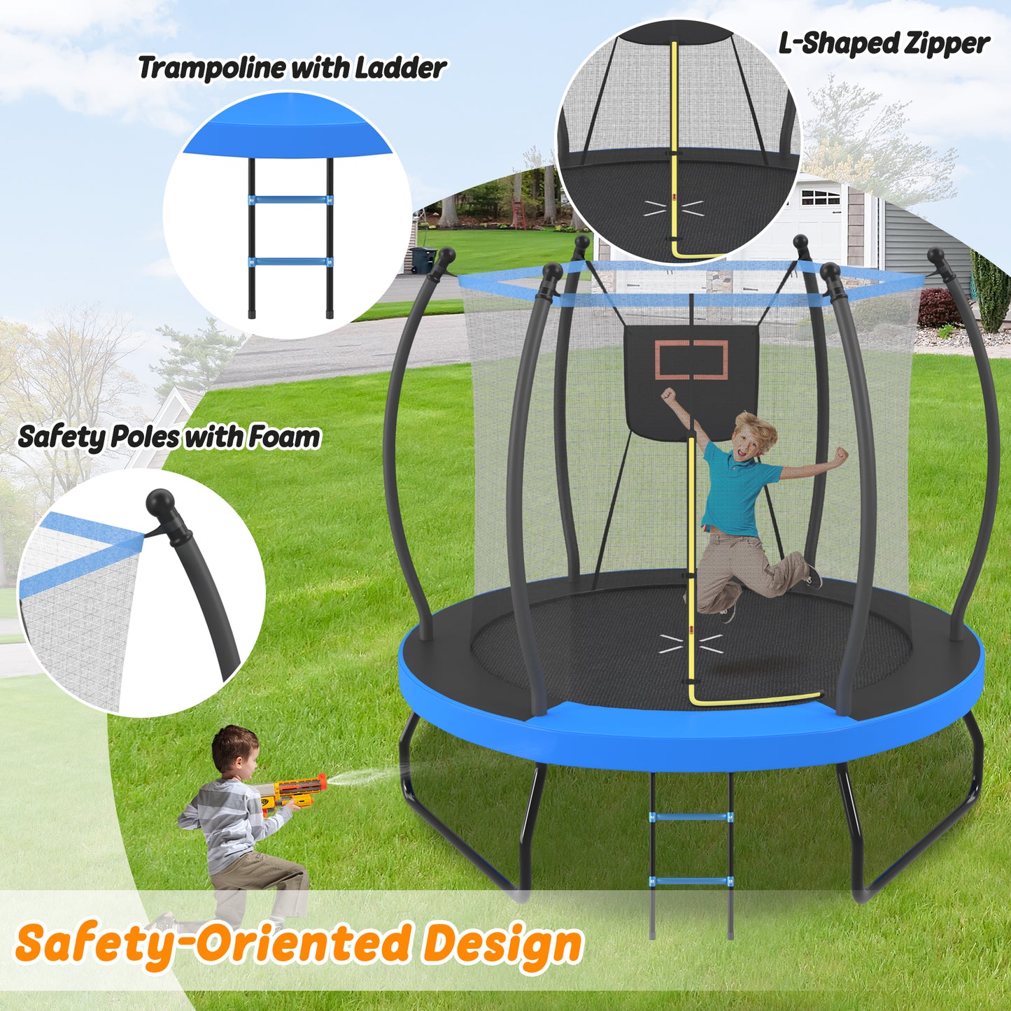 8FT Trampoline With Basketball Hoop, Enclosure Net And Ladder,