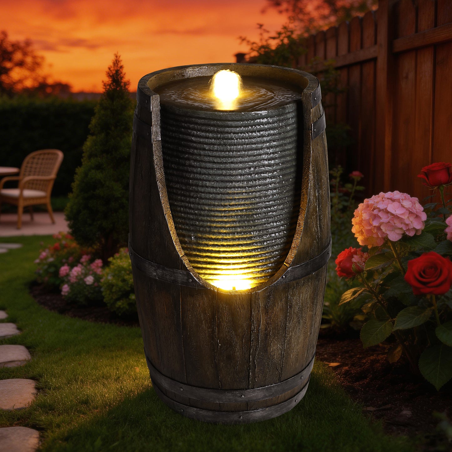 Outdoor Water Fountain with Bird Waterer - Rustic Barrel Garden Feature with LED Lights