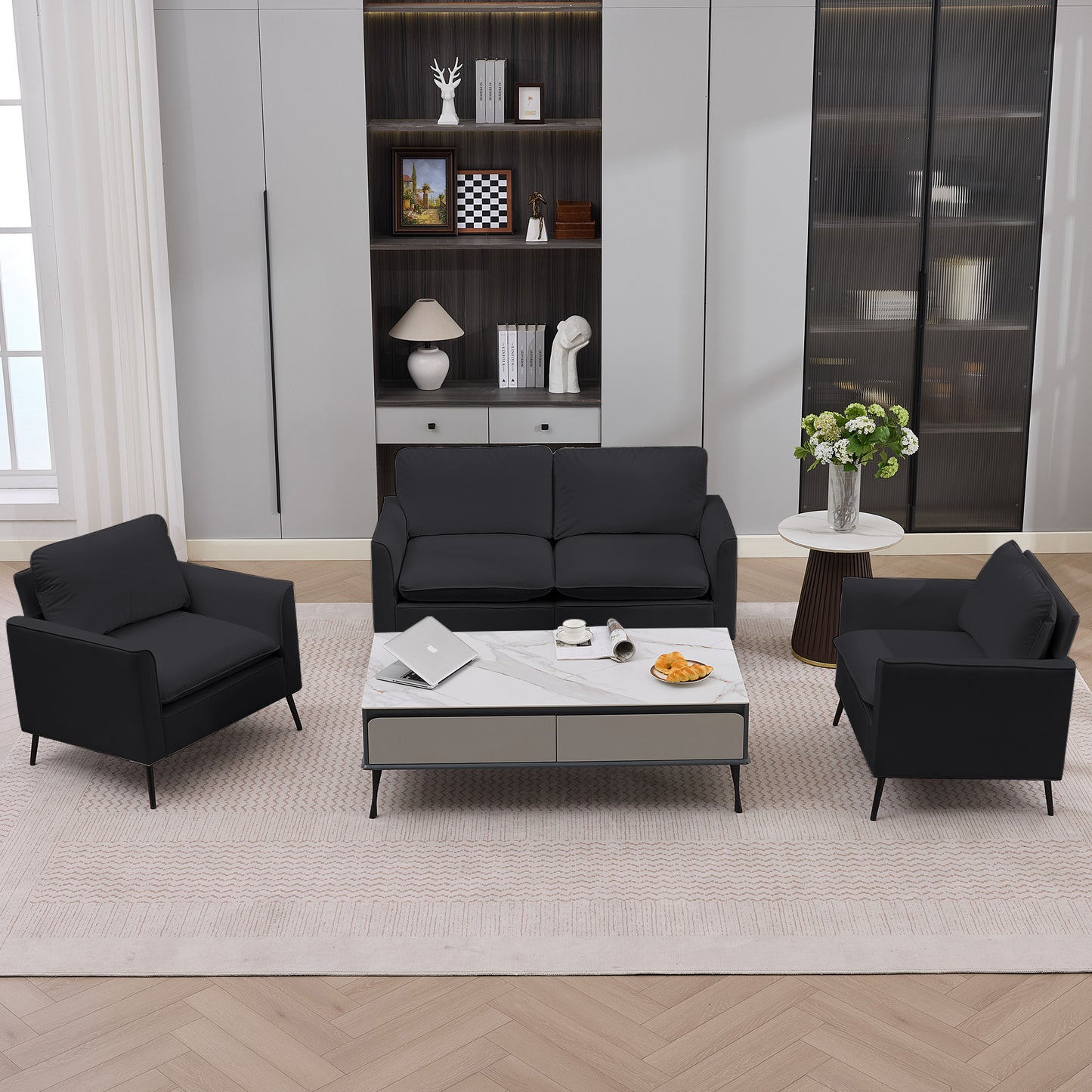 Black Faux Leather Loveseat Sofa - Nordic Retro Design