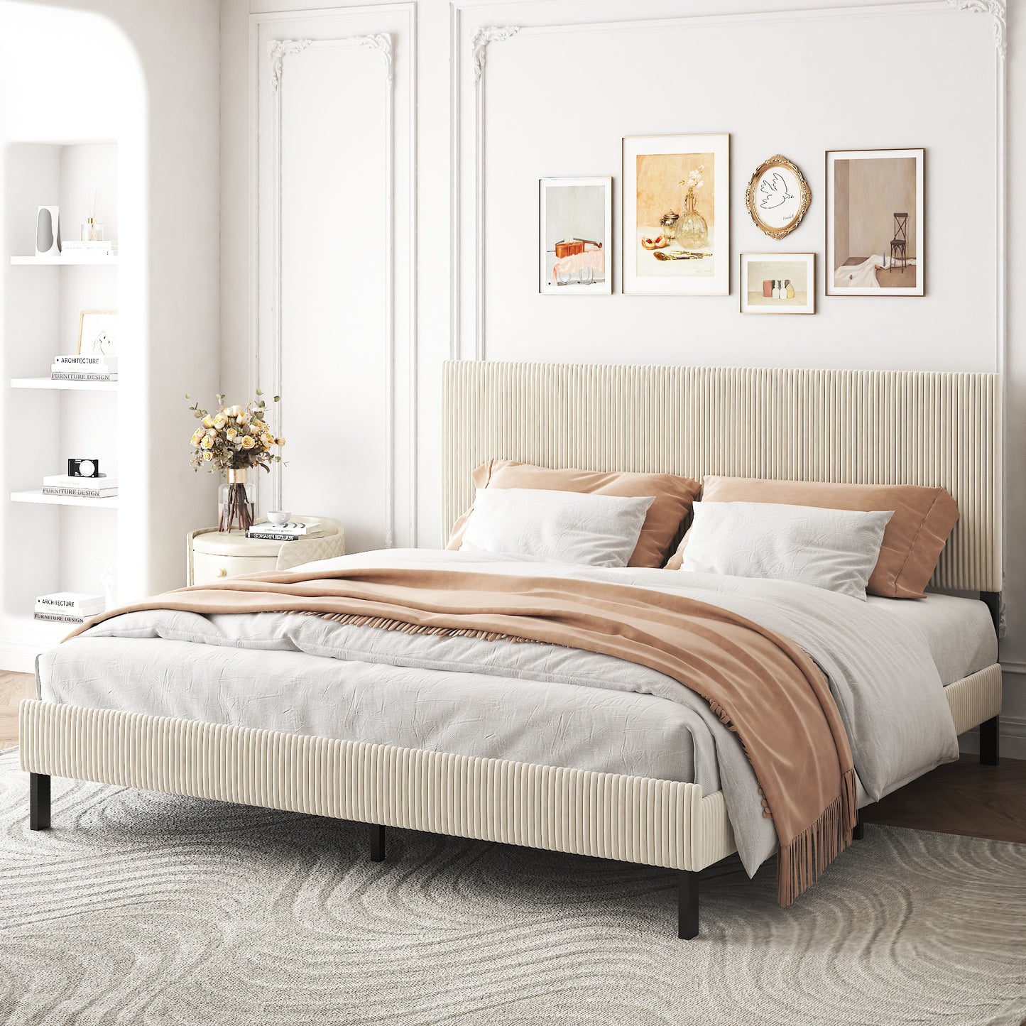 King Platform Bed Frame with Upholstered Headboard - Beige