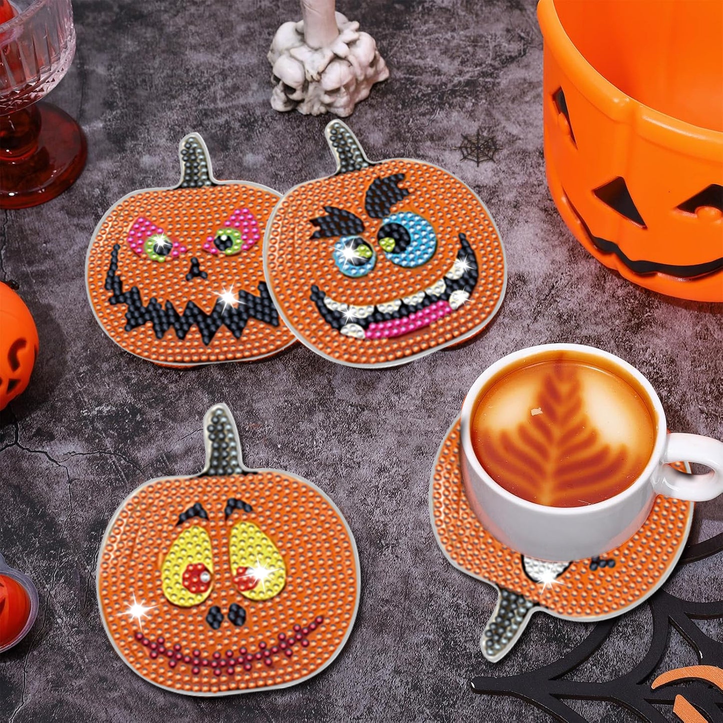 Halloween Pumpkin Rhinestone Coasters - 8 Pack